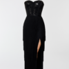Rochie corset lungă din paiete negre cu tiv cu franjuri și fantă laterală