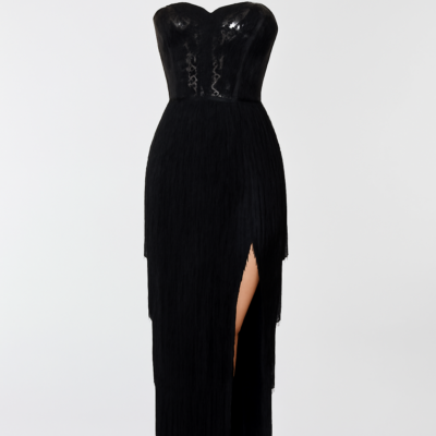 Rochie corset lungă din paiete negre cu tiv cu franjuri și fantă laterală