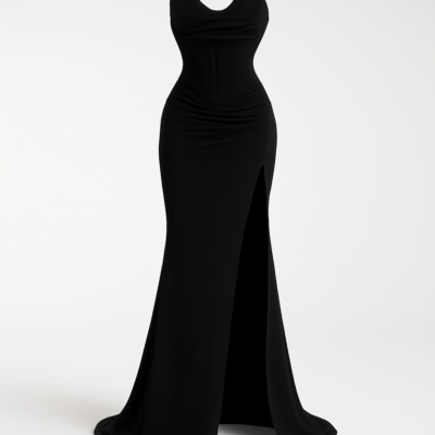Rochie elegantă neagră de seară cu corset evazat pentru cocktailuri, cu decolteu, volane în formă de fishbone, pliuri, halterneck și tăietură frontală pentru femei