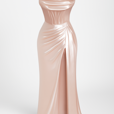 Rochie lungă de seară nude cu corset, cu spate lung cu panglică, top tubular