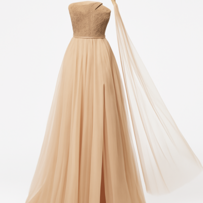 Rochie lungă elegantă de seară maxi corset kaki cu umăr asimetric, panou din plasă și fantă